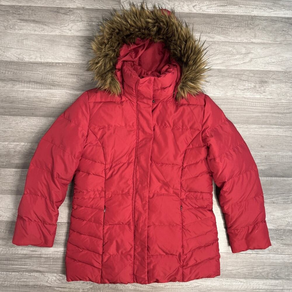 Calvin Klein Down Red Quilted Puffer Winter Coat Womens Size Large Faux Fur Hood